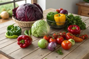  Fresh vegetables for making chow chow, including cabbage, tomatoes, and peppers. 