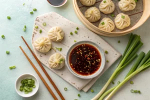 Trader Joe's Soup Dumplings with Dipping Sauce and Garnishes