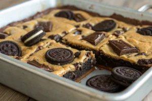 Freshly baked slutty brownies with layers of cookie dough and Oreos. 