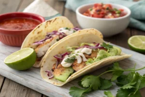  rockfish tacos with spicy crema and avocado