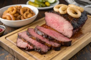 Traeger brisket recipes on a cutting board with tender pink interior and juicy slices."