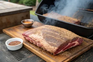 "Brisket seasoned with dry rub ready for smoking on a Traeger grill." 