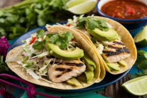 Grilled rockfish tacos with fresh toppings and lime