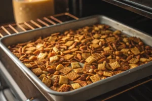 Crispy Chex Mix baking in the oven -Crispy Chex Mix baking in the oven