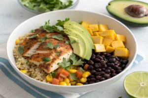 Rockfish taco bowl with quinoa, black beans, and mango