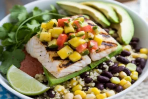 Rockfish taco bowl with quinoa, black beans, and mango salsa