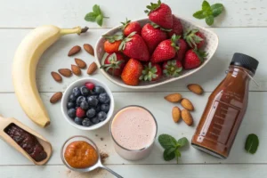 A vibrant flat lay of fresh smoothie ingredients including ripe strawberries, blueberries, a sliced banana, dates, almond milk in a glass, protein powder in a scoop, and a bottle of maple syrup, all arranged on a light wooden surface with good lighting.
