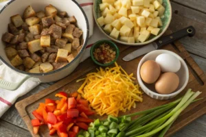 Overhead flat lay of fresh ingredients for a breakfast casserole, including diced potatoes, crumbled sausage, shredded cheddar cheese, chopped bell peppers, green onions, beaten eggs, and a Dutch oven