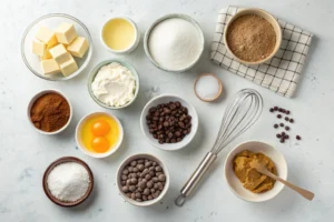 A flat lay of ingredients for making Brookies, including butter, granulated sugar, brown sugar, eggs, vanilla, flour, cocoa powder, baking powder, baking soda, salt, and chocolate chips, arranged on a clean countertop with measuring tools.
