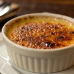 the golden-brown, brittle, caramelized sugar crust of a Crab Brulee, with small cracks revealing the creamy custard underneath, highlighting the textures and rich colors of the dish