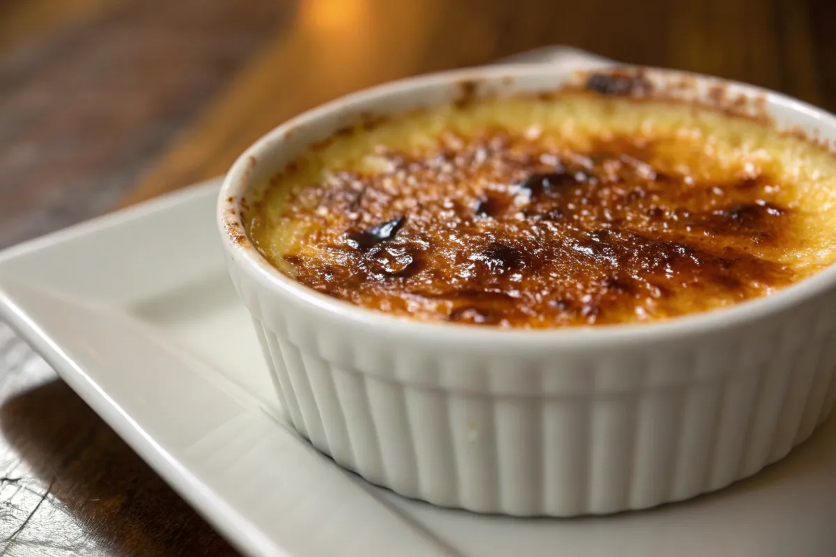 An extreme close-up photo of the golden-brown, brittle, caramelized sugar crust of a Crab Brulee recipe, with small cracks revealing the creamy custard underneath, highlighting the textures and rich colors of the dish