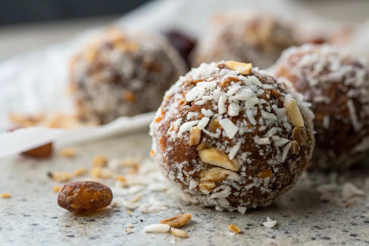 date palm recipe energy ball, revealing a textured surface coated with coconut or cocoa powder, and visible pieces of oats and dates, emphasizing its natural composition