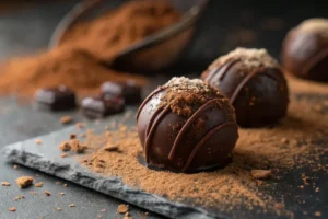 An extreme close-up photo of a date palm fudge or truffle, showcasing a smooth, glossy texture with a dusting of cocoa powder or a drizzle of chocolate, emphasizing the rich, decadent details