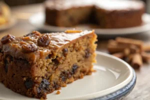 An extreme close-up photo of a slice of date cake revealing a moist, rich interior with visible pieces of dates and a lightly caramelized top, emphasizing the textural details