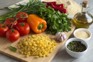 Image showcasing the key ingredients for an Easy Ditalini Pasta recipe. The photo displays a collection of dry ditalini pasta, fresh vegetables, herbs, and other pantry staples