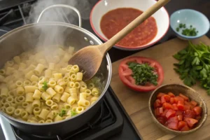  cooking process of Easy Ditalini Pasta. The image captures a partially prepared dish, perhaps showing the pasta cooking in a pot, or some of the steps involved in making the sauce