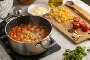 A photo depicting the cooking process of Easy Ditalini Pasta. The image captures a partially prepared dish, perhaps showing the pasta cooking in a pot, or some of the steps involved in making the sauce
