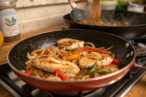 A photo depicting the cooking process of Easy Galena Chicken. The image captures a partially cooked dish, perhaps showing chicken browning in a pan with some vegetables, or one of the stages of adding the sauce
