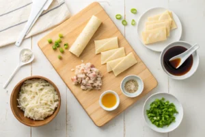 A vibrant display of fresh ingredients for making Crab Rangoon Egg Rolls, including cream cheese, crab meat, green onions, soy sauce, Worcestershire sauce, wonton wrappers, and cooking oil, on a light wooden cutting board.