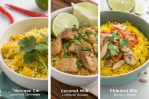 "Various plates of chicken and yellow rice showcasing different flavor profiles."

