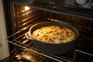 A Dutch oven filled with a breakfast casserole baking inside a lit oven, showing the cooking process and the warmth of the oven
