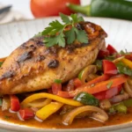 A beautifully plated Galena chicken dish with golden-brown, roasted chicken breast, served alongside creamy mashed potatoes and vibrant steamed green beans, garnished with fresh parsley.