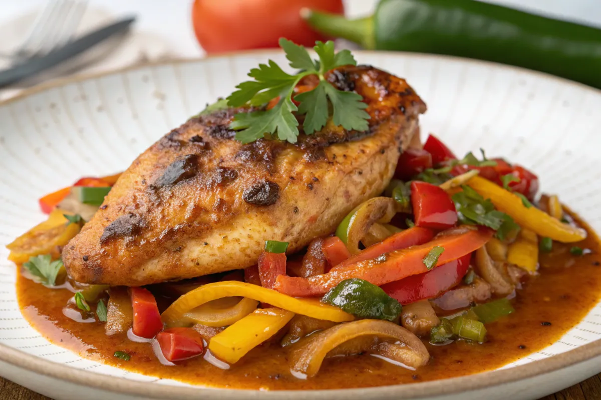 A beautifully plated Galena chicken dish with golden-brown, roasted chicken breast, served alongside creamy mashed potatoes and vibrant steamed green beans, garnished with fresh parsley.