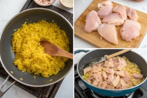A cooking sequence demonstrating how to prepare chicken and yellow rice.
