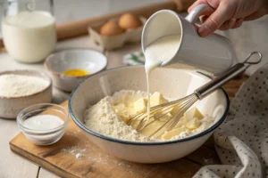  Collage of action images illustrating key steps in einkorn biscuit preparation, such as cutting in butter, adding liquid, shaping the dough, and baking them to perfection in the oven.