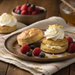 A close-up image of warm einkorn biscuits topped with homemade whipped cream and fresh berries, drizzled with honey, highlighting their texture and appetizing appeal.