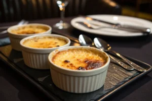 Three ramekins of freshly prepared Crab Brulee arranged on a dark platter, ready to be served as an elegant appetizer, with a slightly blurred serving spoon in the background.