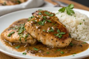 A close-up of a serving of delicious Easy Galena Chicken. The photo shows perfectly cooked chicken coated in a flavorful sauce, garnished with fresh herbs, and perhaps served with rice or another side dish. This image highlights the appeal and taste of this simple yet satisfying meal.