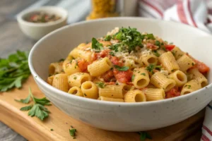 A bowl of delicious Easy Ditalini Pasta, featuring perfectly cooked pasta, a flavorful sauce, and garnished with fresh herbs. The image conveys the taste and appeal of this simple yet satisfying dish