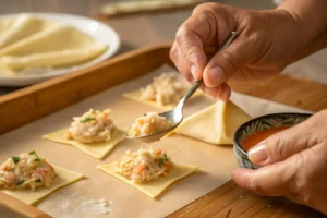 Close-up view of hands placing crab filling onto a wonton wrapper in preparation for folding a Crab Rangoon Egg Roll. Filled, but unfolded egg rolls are blurred in the background.