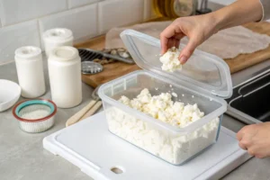 Preparing cottage cheese for freezing in an airtight container.