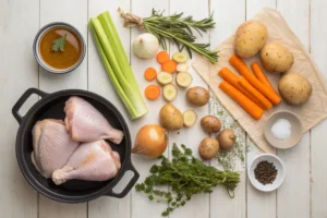 Overhead flat lay of uncooked ingredients for chicken stew, including chicken thighs, carrots, potatoes, celery, onion, garlic, thyme, bay leaf, chicken broth, and a Dutch oven.