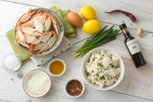 A top-down view of fresh crab meat, egg yolks, heavy cream, half-and-half, chives, lemon, dry sherry, salt, white pepper, and cayenne pepper, all laid out on a wooden countertop, ready to prepare Crab Brulee