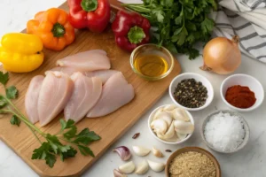 Image showcasing the key ingredients for an Easy Galena Chicken recipe. The photo displays a variety of fresh ingredients such as chicken pieces, colorful bell peppers, onions, garlic, herbs, and other relevant spices