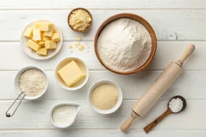 A flat lay of ingredients for making Gipfeli, including flour, cold milk, cold water, active dry yeast, softened and cold butter, granulated sugar, and salt, with a measuring bowl, spoon, and rolling pin on a light wooden surface