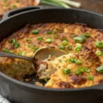 Close-up of a golden brown, bubbly breakfast casserole in a Dutch oven, garnished with fresh green onions, with a serving spoon partially visible.