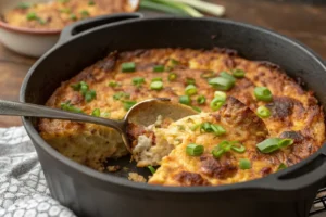 Close-up of a golden brown, bubbly breakfast casserole in a Dutch oven, garnished with fresh green onions, with a serving spoon partially visible.