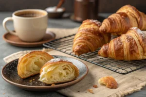 A plate of freshly baked, golden-brown Gipfeli on a wire rack, with some arranged on a rustic plate, and one broken open to show the flaky interior. A cup of coffee is in the background
