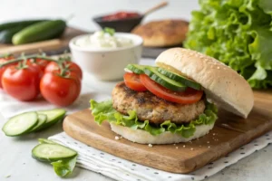 A healthy burger assembled with Egg White Burger Buns. The image shows a light-filled burger, showcasing the egg white bun paired with a turkey patty, lettuce and tomato. A visual representation of a wholesome and delicious meal