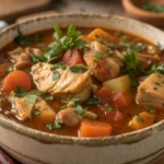 Close-up image of a serving of chicken stew in a bowl, showing tender chicken, vegetables, and rich broth, garnished with fresh herbs.