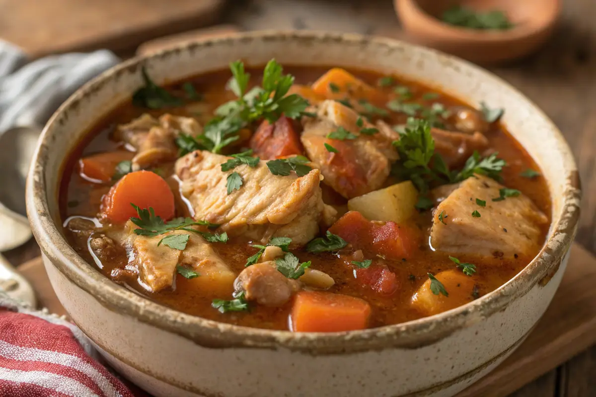 Close-up image of a serving of chicken stew in a bowl, showing tender chicken, vegetables, and rich broth, garnished with fresh herbs.