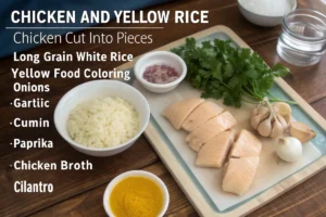 A flat lay of the ingredients needed to make chicken and yellow rice