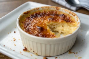 A close-up, overhead shot of a Crab Brulee with a portion of the caramelized sugar crust broken, revealing the creamy, savory crab custard underneath, highlighting its texture and appeal