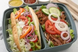 Photo of a completed Homemade Sub in a Tub ready to serve. The image shows the ingredients beautifully layered in a clear container, emphasizing its visual appeal and abundance of food.