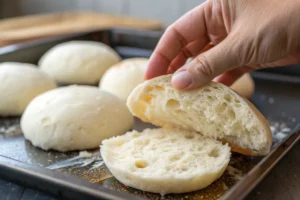 Close up showing the light and airy texture of a Egg White Burger Bun being torn open by hand. It's light and fluffy texture is on display, revealing its soft, interior. A detail shot emphasizing its quality and lightness.
