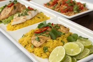 "A Mediterranean-inspired chicken and yellow rice dish with olives and herbs."

